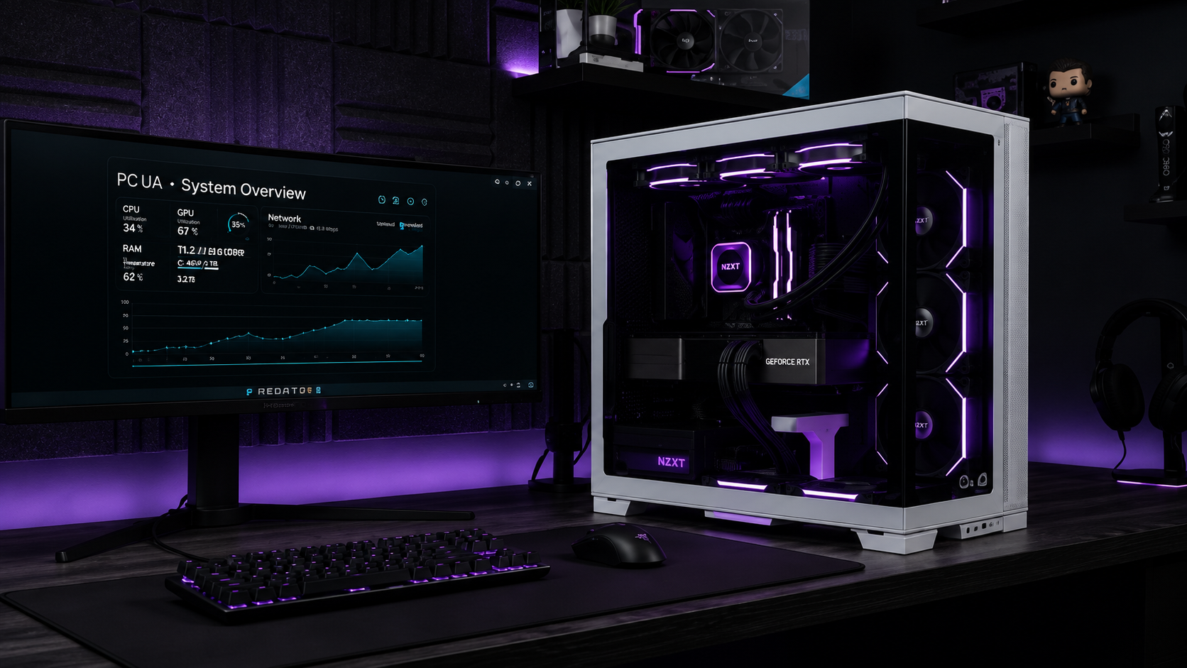 Custom water-cooled gaming PC build glowing with violet accent lighting